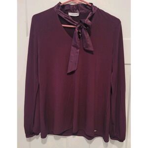 Calvin Klein S Tie Neck Blouse Office Career Burgundy Merlot Silky Pullover